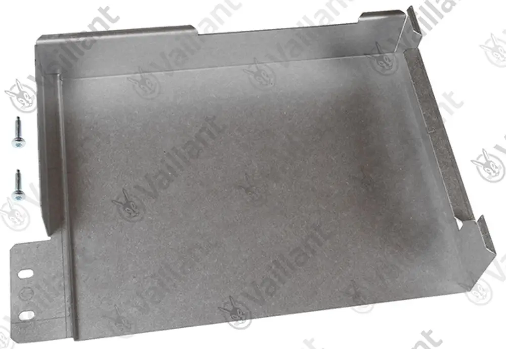 Grau lackierter metallener Deckel mit umlaufendem Rand und zwei seitlichen Halterungen, geeignet für Vaillant Produkte. Zwei Schrauben sind neben dem Deckel abgebildet.